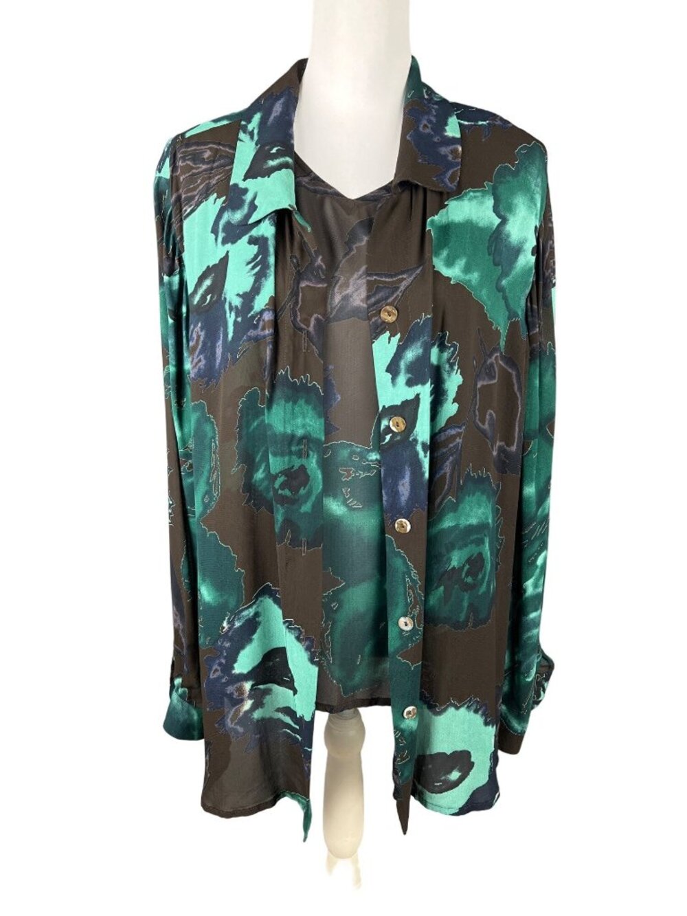 Vintage Carole Little 2-Piece Lightweight Blouse Set Floral Print Green & Brown